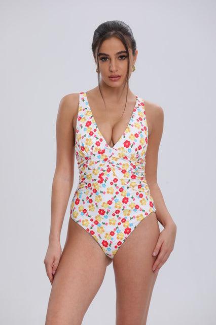 Retro Floral V-Neck One-Piece Front