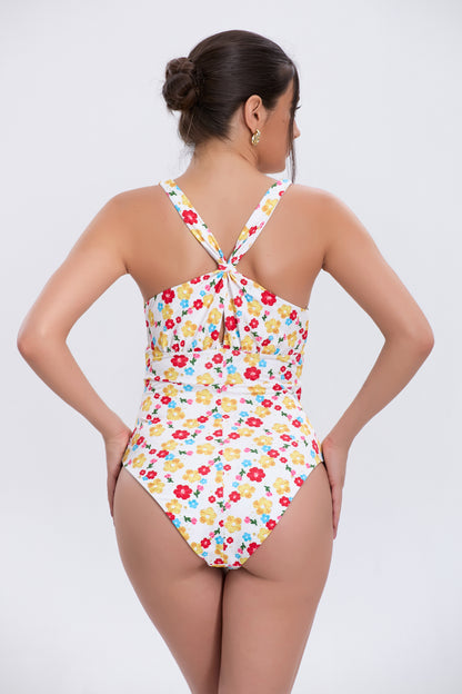 Retro Floral V-Neck One-Piece Back